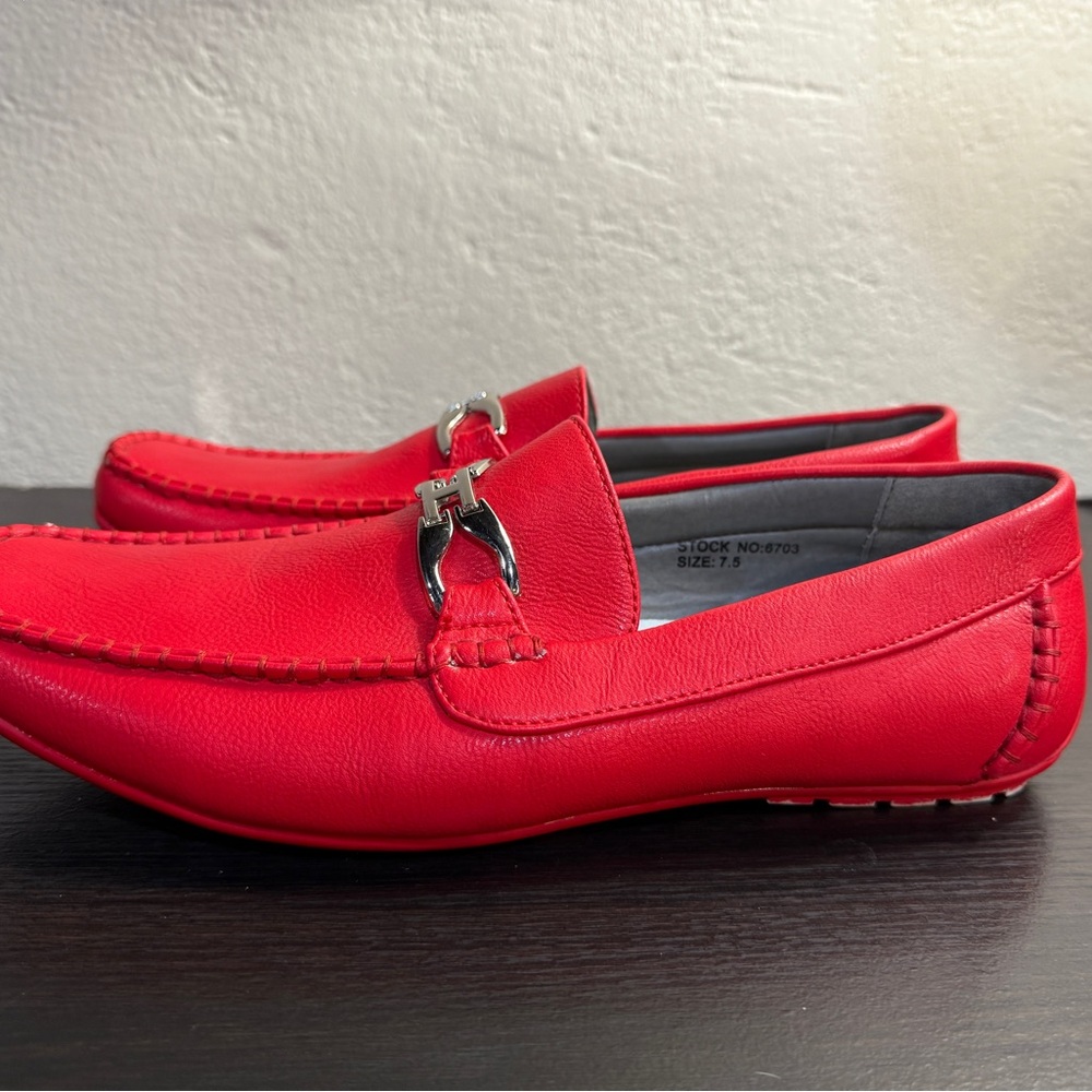 Men’s Red Leather Slip-On Loafers with Silver Bit Hardware - Picture 4 of 6